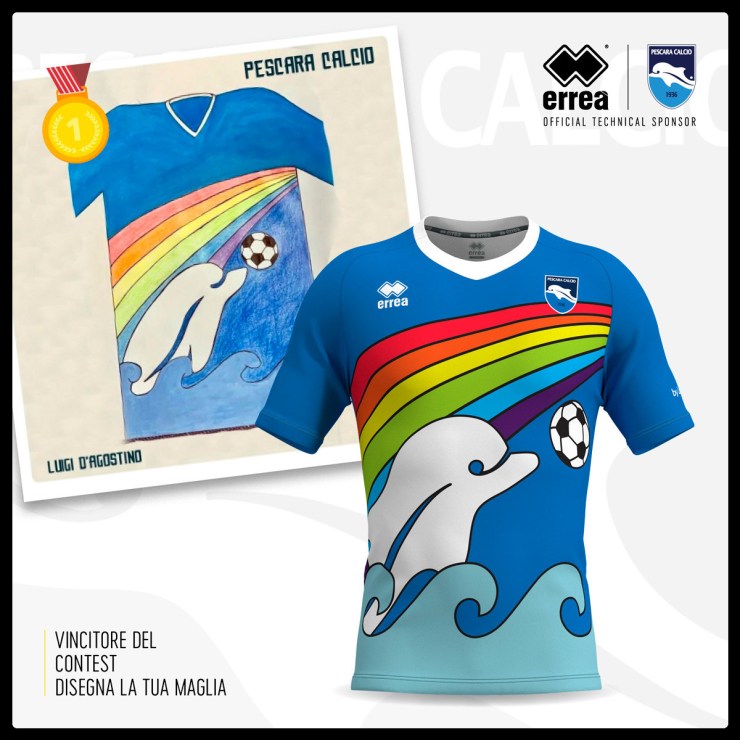 Pescara, Errea, dolphin, rainbow, Covid, pandemic, competition, shirt