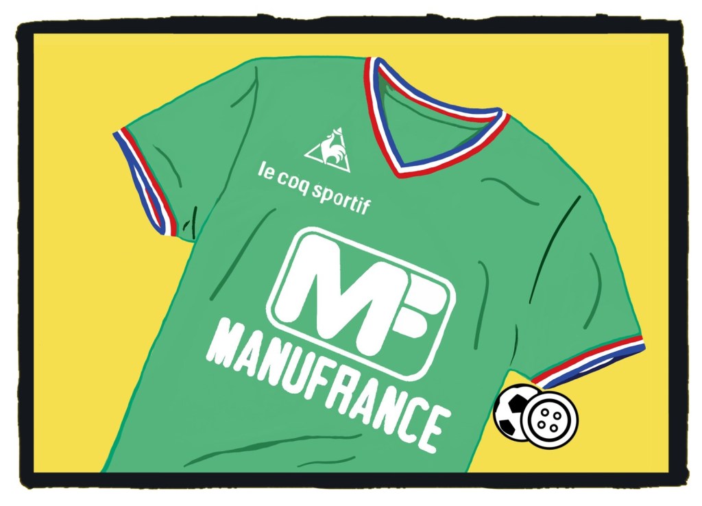 St Etienne, Le Coq Sportif, 1976, 70s, kit, Manufrance, shirt, maillot